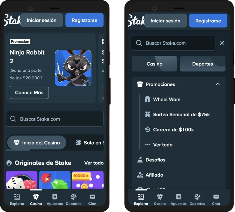 Aplicación móvil y versión web adaptativa de Stake Casino